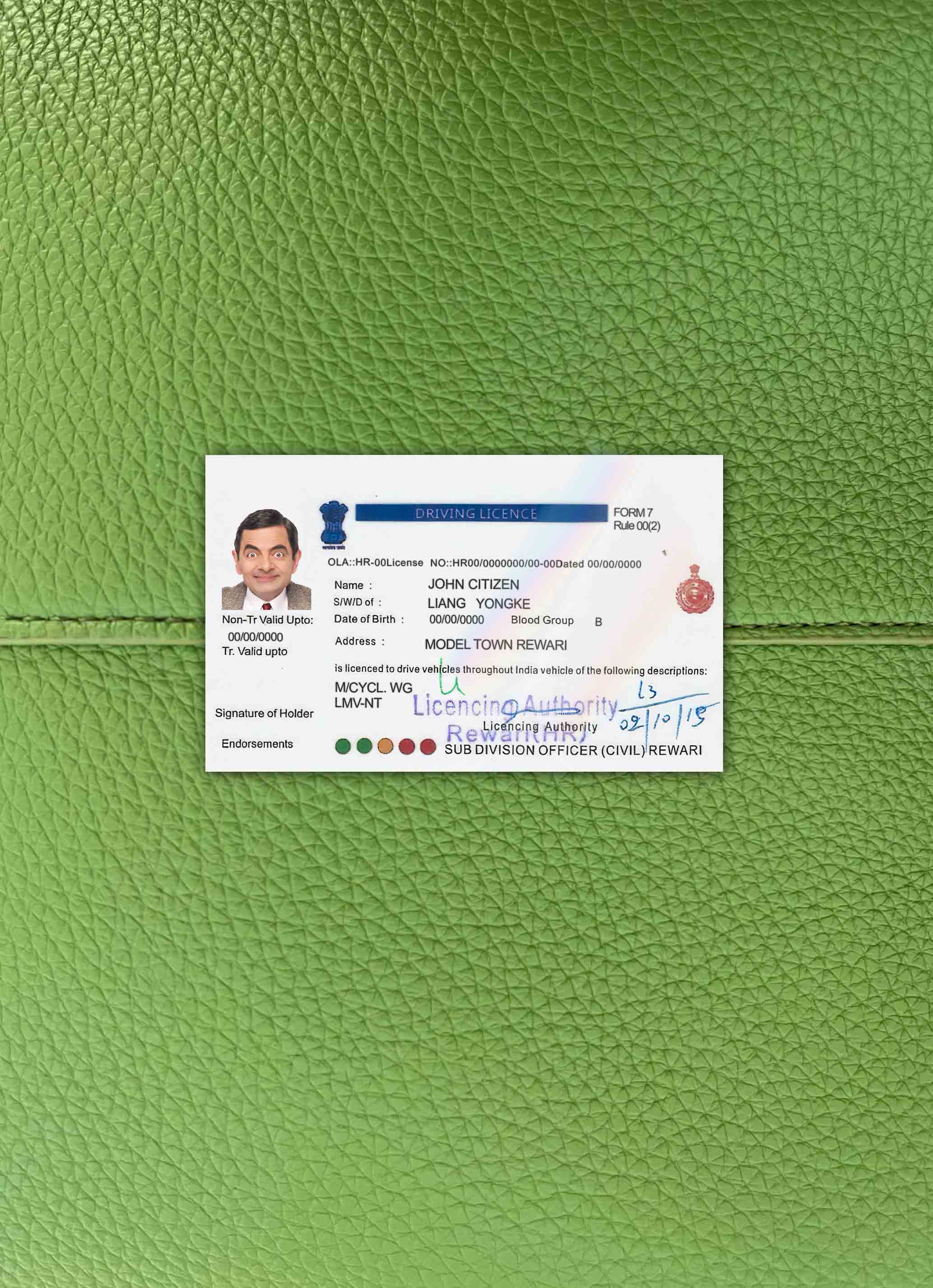 Download India driving license version 5  photolook FRONT Photoshop template
